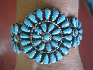 Vintage Native Zuni Sterling Silver Turquoise Petite Point Cuff Bracelet Signed