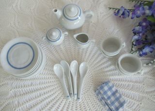 Vintage Deltan Products White Child Tea Set Blue Trim w Blue Check Napkins 25 Pc 2