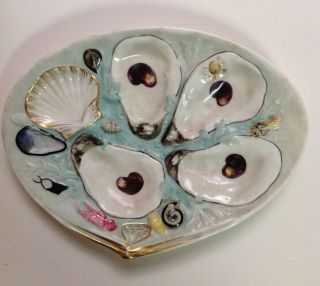 Union Porcelain Oyster Plate - - 4 Wells,  Blue,  Shell Well,  Sea Life