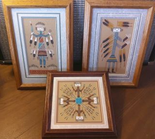 Vintage Navajo Yei Sand Painting Native American Art /signed All 3