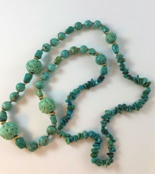 Antique Vintage Carved Chinese Hubei Turquoise Shou Bead Necklace 30 "