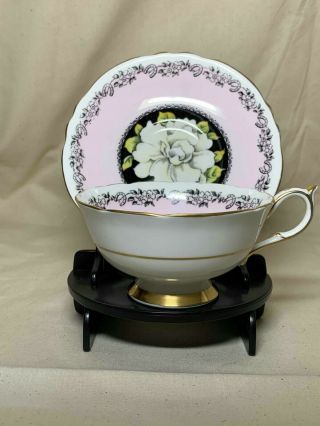 Vtg Paragon Teacup & Saucer Gardenia Floral Pink W Bridal Horseshoe Filigree