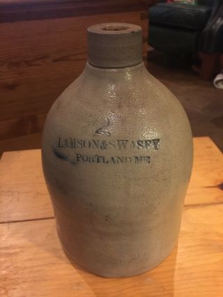 1880s Lamson & Swasey Portland Maine Crock Jug Blue Decorated Stoneware.