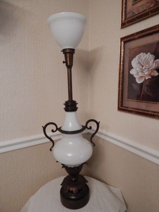 Vtg.  Antique Tall Bronze Torchiere Lamp - Art Deco Flower & White Glass