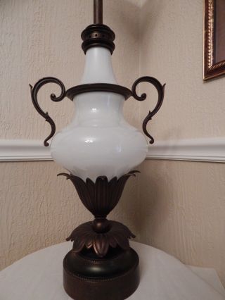 VTG.  ANTIQUE TALL BRONZE TORCHIERE LAMP - ART DECO FLOWER & WHITE GLASS 2