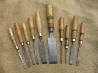 10 Vintage English Chisels By Sorby,  Marples,  Toga,  Whitmore,  Greaves,  Stormont