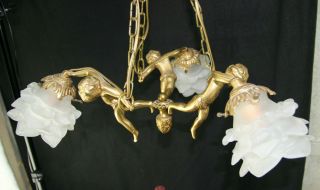 Vintage French Brass Putti 3 Arms Chandelier Pendant 1960 Glass Tulip Shades