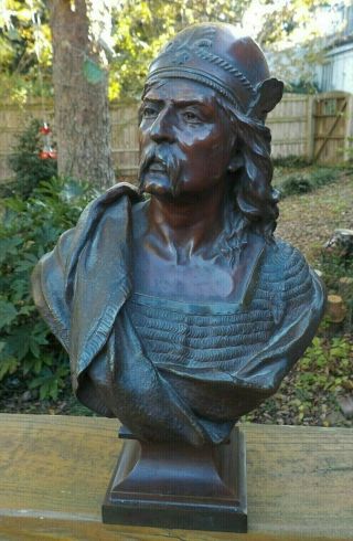Antique French Bronze Viking Beowulf Handsome Man Statue Bust By A.  Froger