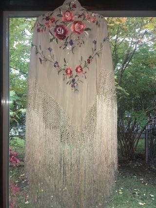 Vintage Embroidered Silk Piano Shawl Long Tassels / Fringe