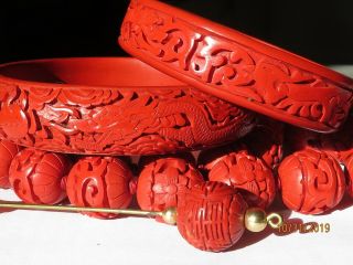 Vintage Chinese Carved Red Cinnabar Necklace,  Dragons Feenex 2 Bangle Bracelets