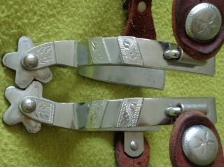 Crockett Renalde Vintage Engraved Silver Mounted Heavy Steel Spurs & Straps Nr