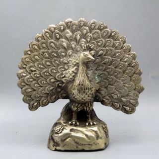 Collectable China Tibet Silver Handwork Carve Peacock Auspicious Delicate Statue