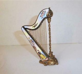 Antique Vienna Austria Gilt Bronze Enamel Miniature Harp Instrument