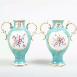 Splendid English Derby Chelsea Derby Porcelain Turquoise Ground Vases 3