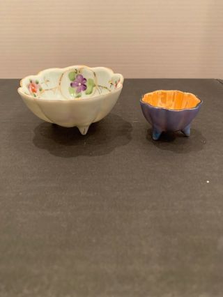 2 Vintage Footed Salt Cellars Made In Japan Lusterware & Hand Painted Floral