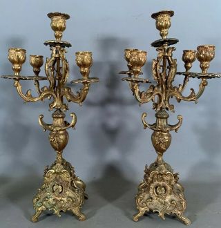 Pair (2) Antique French Louis Xv Old Bronze Floral Rococo Candlestick Candelabra