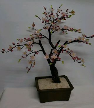 Vintage 17 " Chinese Pink Glass Jade Flowering Bonsai Tree