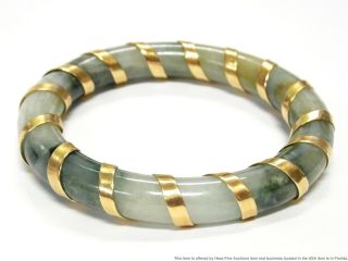Vintage 14k Green Rust Jadeite Bracelet Gold Wrapped Round Chinese Jade Bangle