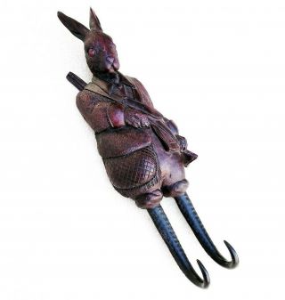 Black Forest Hunting Rabbit Whip Wall Hooks Hanging Vintage Carved Wood Bunny