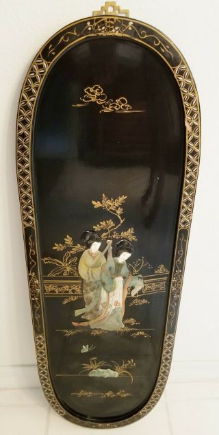 Vintage Black Lacquer Oriental Asian Wall Plaque Picture Mother Of Pearl