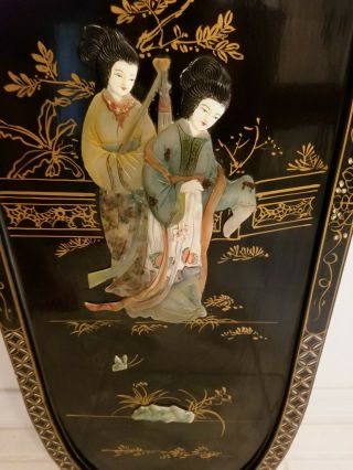 Vintage Black Lacquer Oriental Asian Wall Plaque Picture Mother of Pearl 2