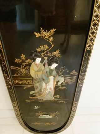 Vintage Black Lacquer Oriental Asian Wall Plaque Picture Mother of Pearl 3