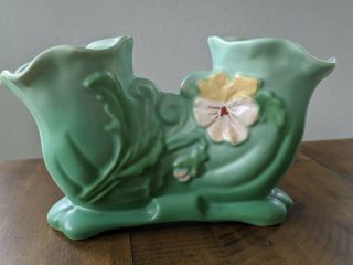 Vintage Weller Pottery Double Vase Green Pansy Matte Satin