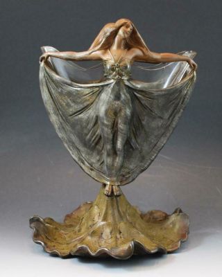 19c Art Nouveau Figural Bronze Patina Vase Belle Époque Woman Glass Insert