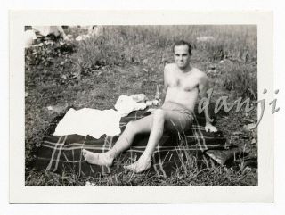 Handsome Young Swimsuit Man W Feet In The Camera On A Blanket Outside Old Photo