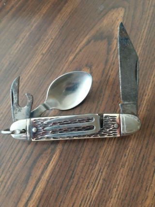 Vintage Colonial Prov 3 1/2 " Camp Fork & Spoon Pocket Knife Usa Made