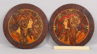 Pair Antique Art Nouveau Pyrography Painted Wood Panels After Alphonse Mucha