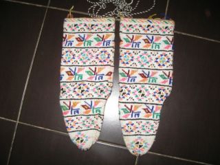 Antique Woolen Hand Knitted Embroidery Socks From Kosovo Metal Thread