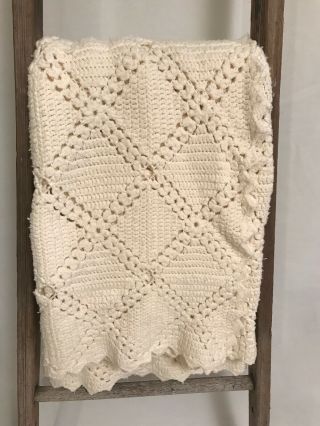 Vintage Handmade Knit Crochet White Afghan 44x62 " Blanket Pom Pom Diamond Throw