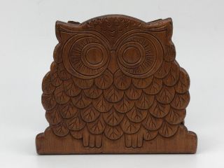 Vtg Carved Wood Owl Napkin Holder Mail Organizer Kitchen Engraved Retro Kitsch