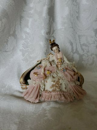 Vintage Dresden Lace Figurine On Settee In Pink Perfect