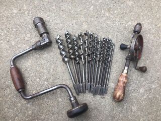 Old Vintage Tools Stanley Bit Brace & Godell Pratt Hand Drill Auger Bits