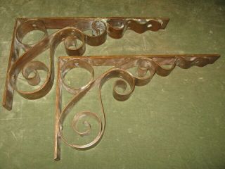 Pair Large Vintage Architectural Hand - Wrought Solid Copper Scroll Shelf Brackets