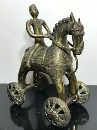 Heavy Vintage 12lb India Temple Toy Solid Brass Trojan Horse On Wheels 12”