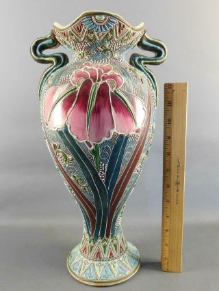 Antique Art Nouveau Large Japanese Moriage Vase With Iris Flowers