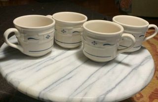 4 Longaberger Pottery Coffee Tea Mug,  Ivory & Blue Heritage Woven Traditions