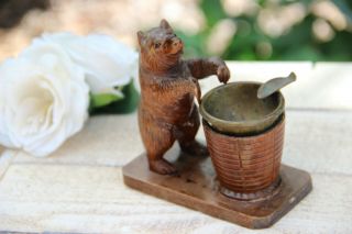 Antique hand Black forest wood carved swiss bear statue ashtray 3