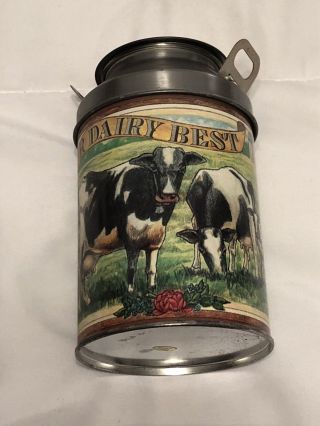 Vintage.  Milk Tin Canister “our Dairy Best Cows " 6in.  Tall.  Farm Decor