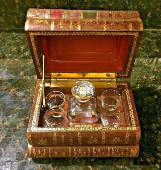 Antique French Trompe L’oeil Books Liquor Caddy Tantalus Decanter Shot Glass