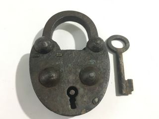 Early 18c Antique Old Iron Trick Puzzle Padlock With Key Heart Shape Collectible