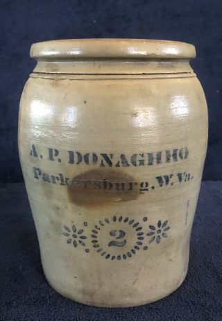 Antique Ap Donaghho Stoneware Parkersburg Wv Crock Jar Blue 2 Gallon