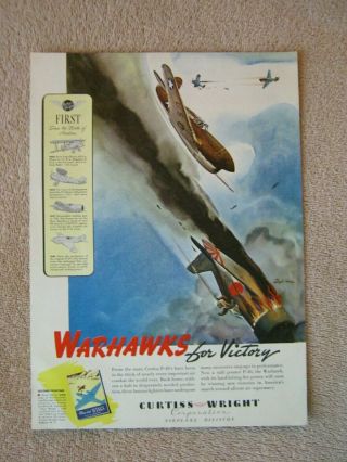 Vintage 1942 Wwii Curtiss P - 40 Warhawk Fighter Aircraft Combat Art Print Ad