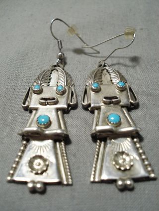 Huge Vintage Navajo Turquoise Kachina Sterling Silver Native American Earrings