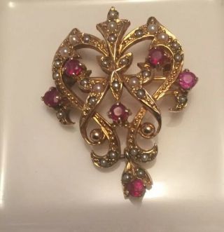 Seed Pearl And Ruby 9 Ct Gold Pendant/broach Vintage