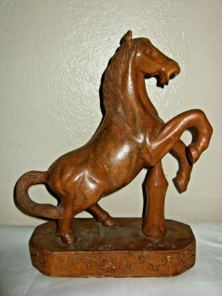 Vintage Carved Wooden Horse & Wine Bottle Statue