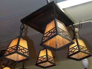 Vintage Period Arts & Crafts / Mission Ceiling Light Fixture With Lantern Shades